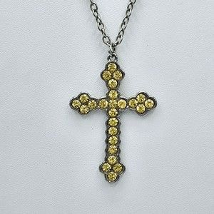 Cross Necklace Yellow Rhinestones Silvertone Religious Fashion Pendant 24"